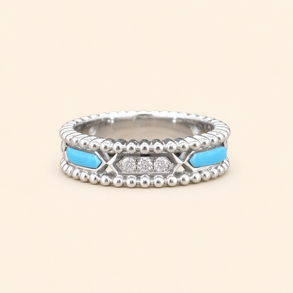 Impimo Moissanite & Natural Turquoise Vintage Beaded Ring - 925 Sterling Silver 18K White Gold | packshot on ivory
