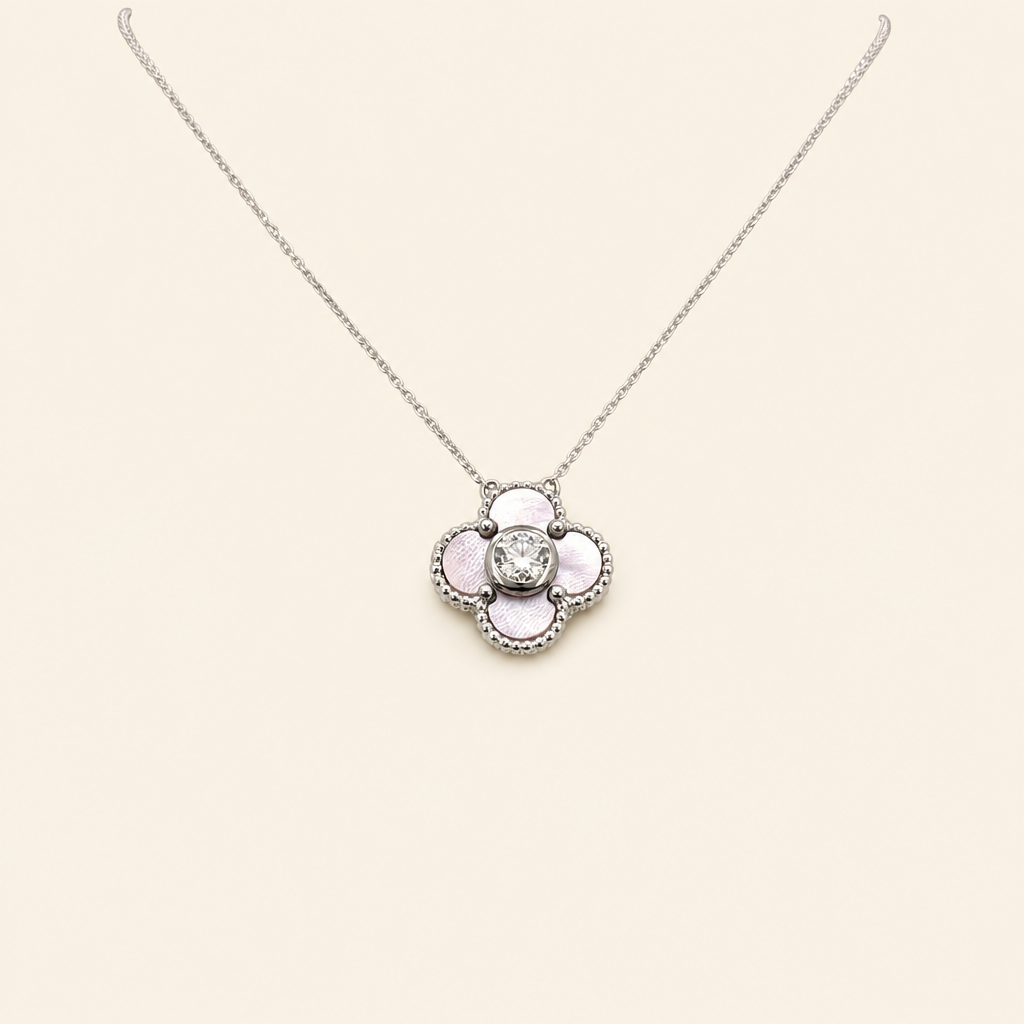 Impimo Natural Pink Mother of Pearl & Moissanite Four-Leaf Clover Pendant - 925 Sterling Silver with 18K White Gold Plating | packshot on ivory