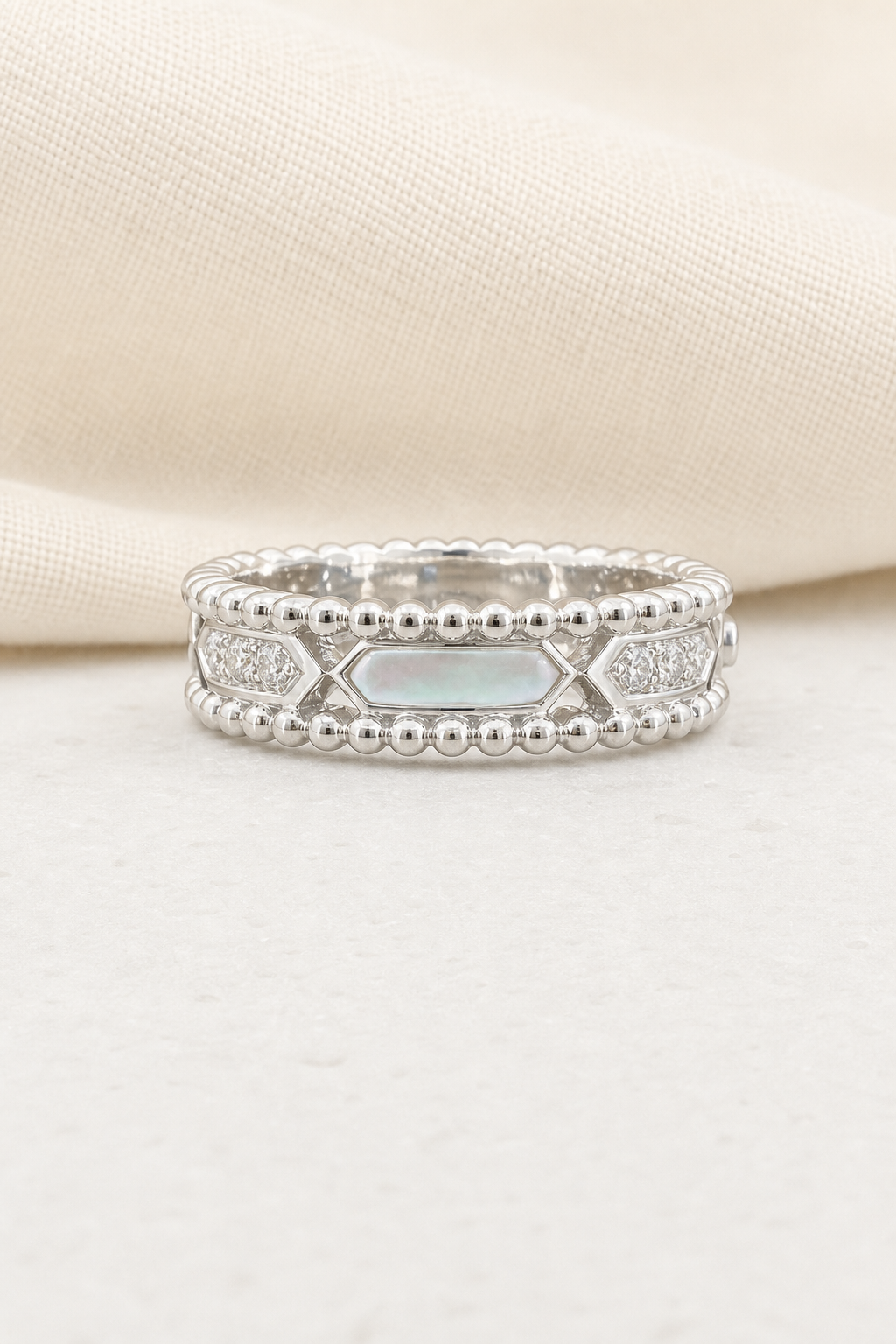 Impimo Moissanite & Mother-of-Pearl Vintage Beaded Ring - 925 Sterling Silver 18K White Gold | display view on ivory linen