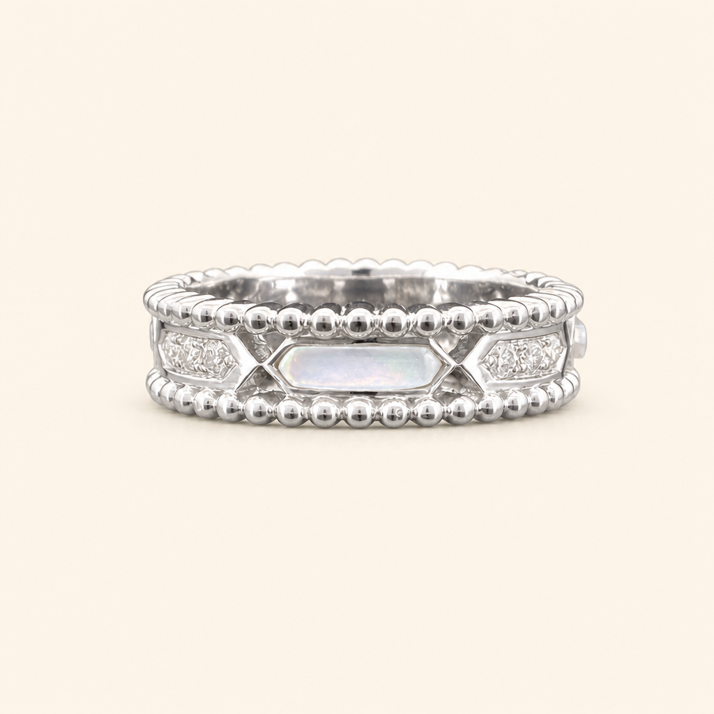 Impimo Moissanite & Mother-of-Pearl Vintage Beaded Ring - 925 Sterling Silver 18K White Gold | packshot on ivory