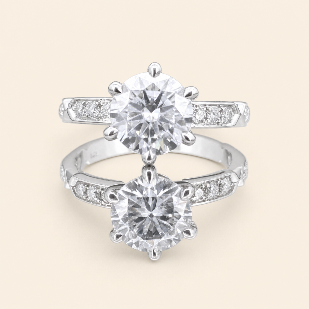 Impimo 1/2 CT Moissanite Round Cut Ring with Accent Stones - 925 Silver 18K White Gold | packshot on ivory