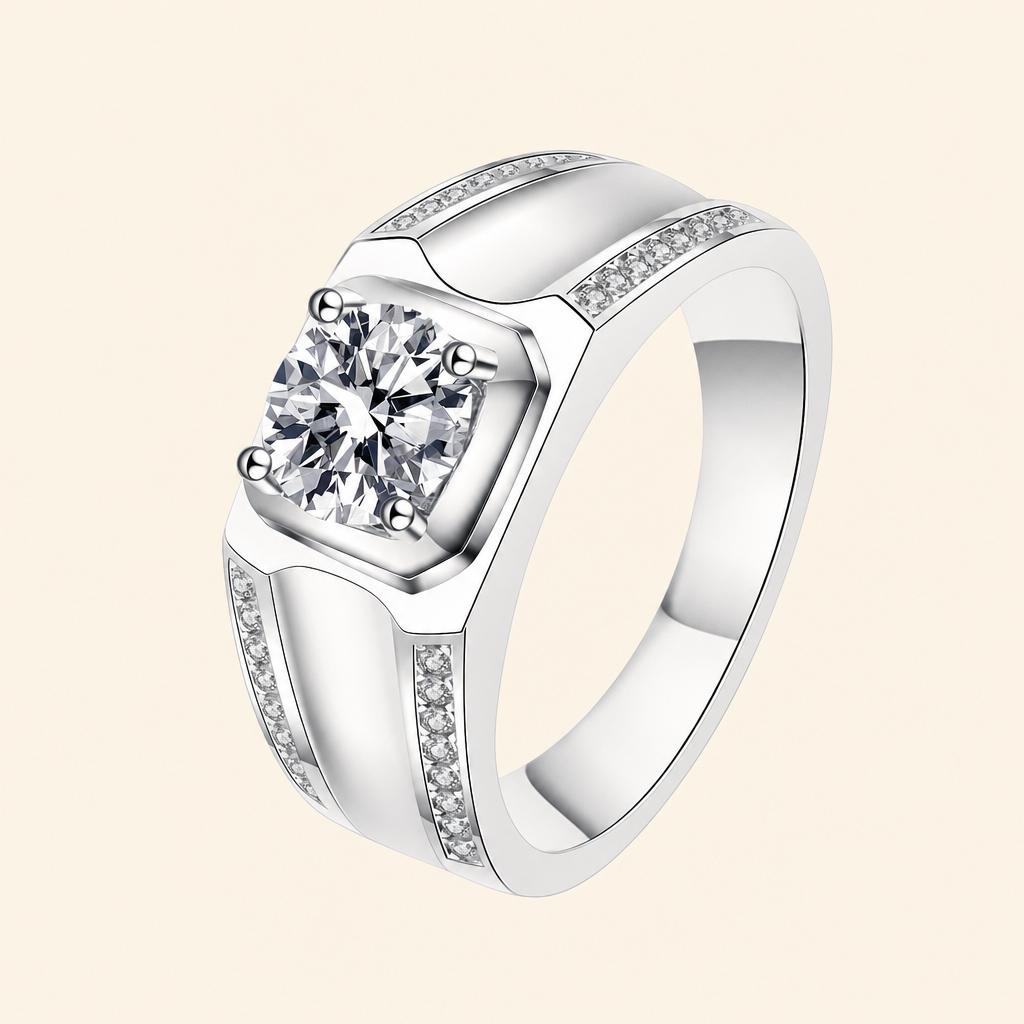 Impimo 1/2 CT Moissanite Round Cut Ring - Hexagonal Frame Band - 925 Sterling Silver with 18K White Gold Plating | packshot on ivory