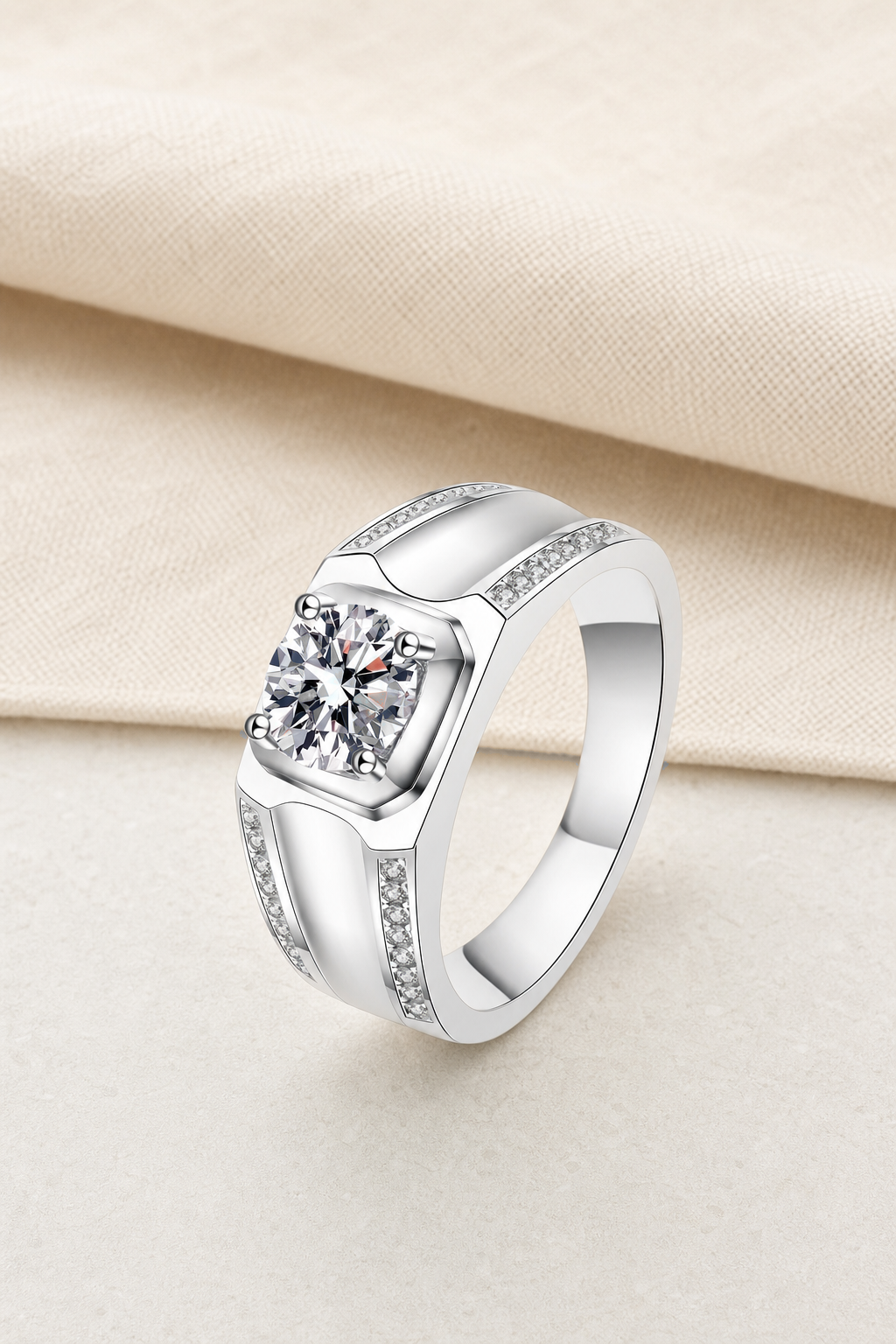 Impimo 1/2 CT Moissanite Round Cut Ring - Hexagonal Frame Band - 925 Sterling Silver with 18K White Gold Plating | display view on ivory linen