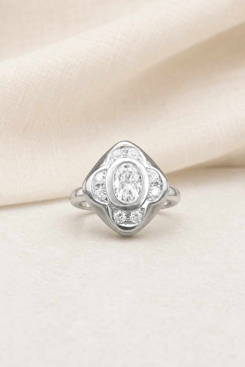 Impimo 1.33 CT Moissanite Vintage Ring - 925 Sterling Silver 18K White Gold | display view on ivory linen