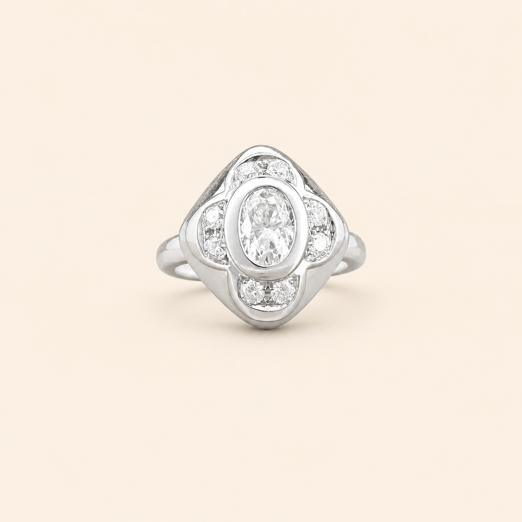 Impimo 1.33 CT Moissanite Vintage Ring - 925 Sterling Silver 18K White Gold | packshot on ivory