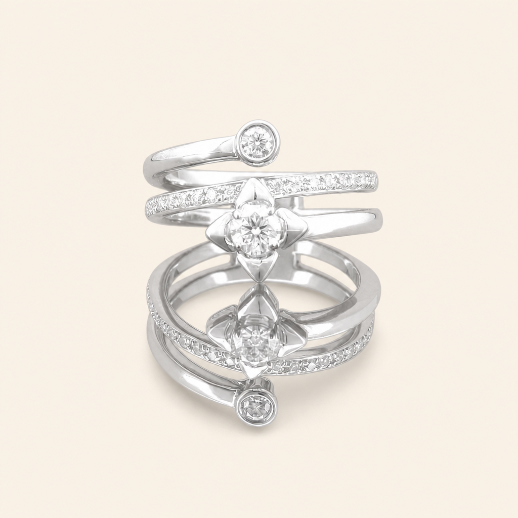 Impimo 0.50 CT Moissanite Bypass Twist Ring - 925 Sterling Silver 18K White Gold | packshot on ivory