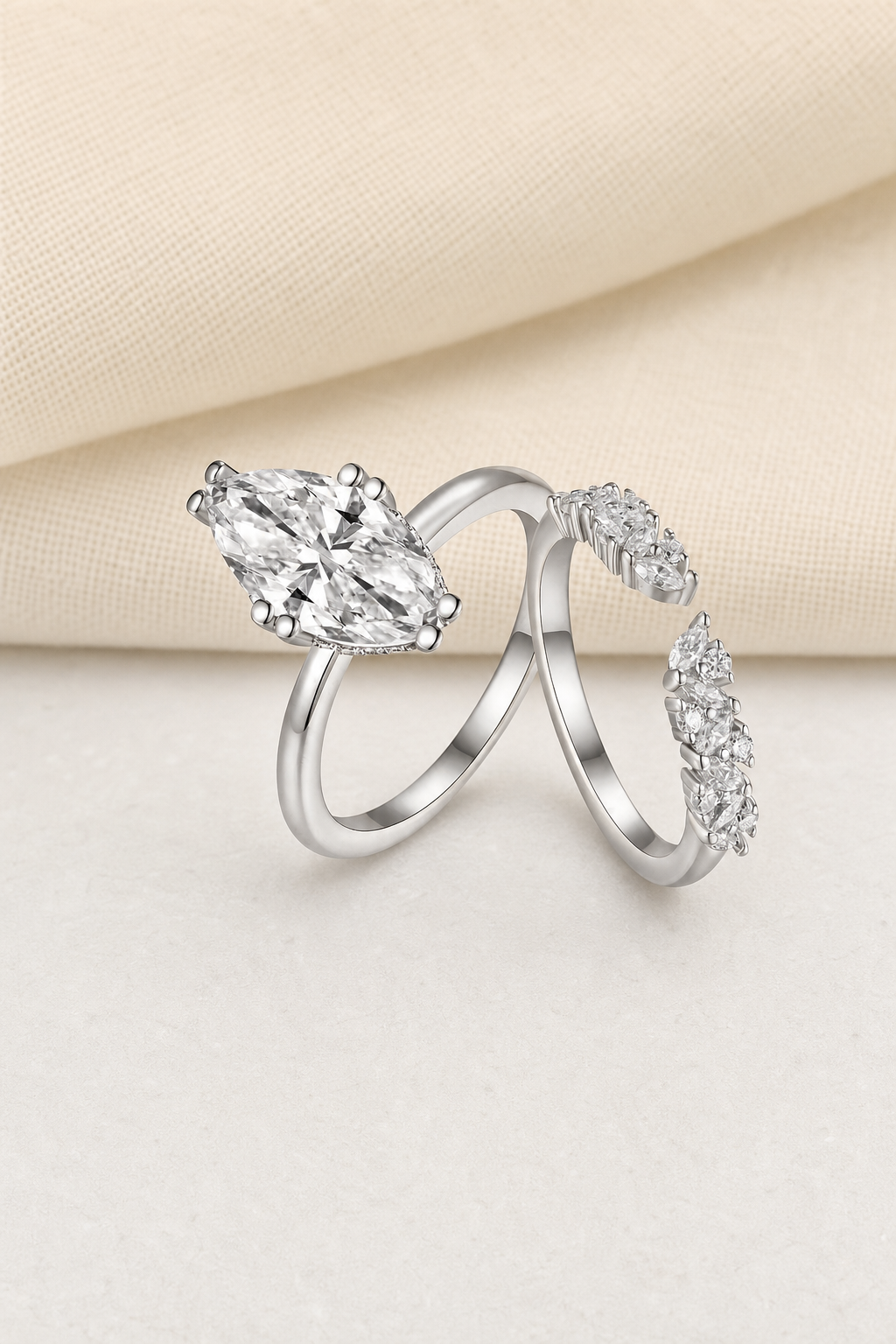 Impimo 3 CT Moissanite Marquise Cut Stacking Ring - 925 Sterling Silver with 18K White Gold Plating | display view on ivory linen