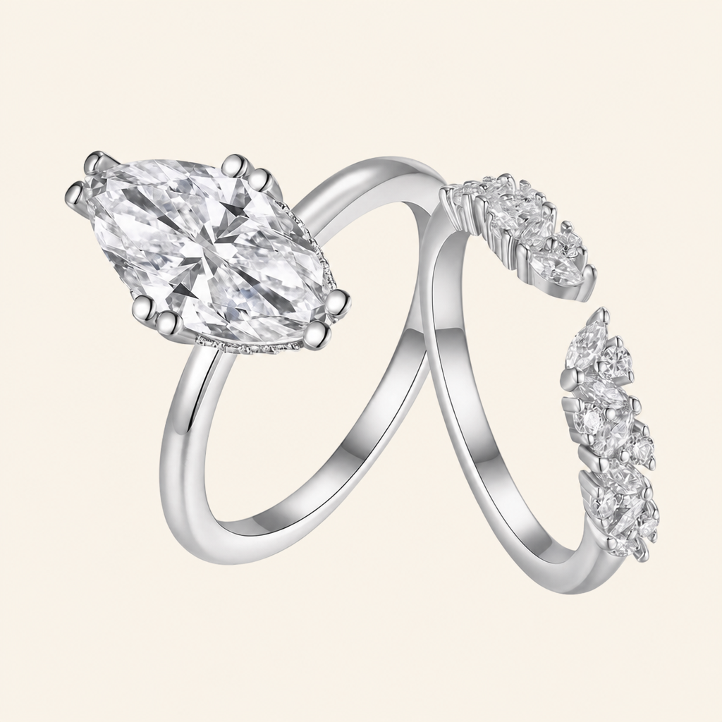 Impimo 3 CT Moissanite Marquise Cut Stacking Ring - 925 Sterling Silver with 18K White Gold Plating | packshot on ivory