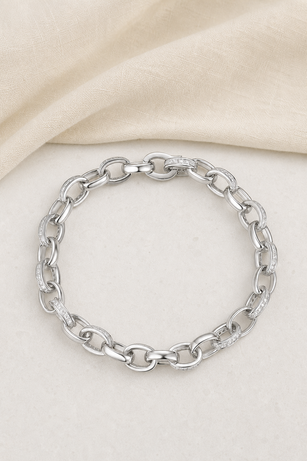 Impimo 2 CT (Total) Moissanite Round Cut Bracelet - 925 Sterling Silver with 18K White Gold Plating | display view on ivory linen