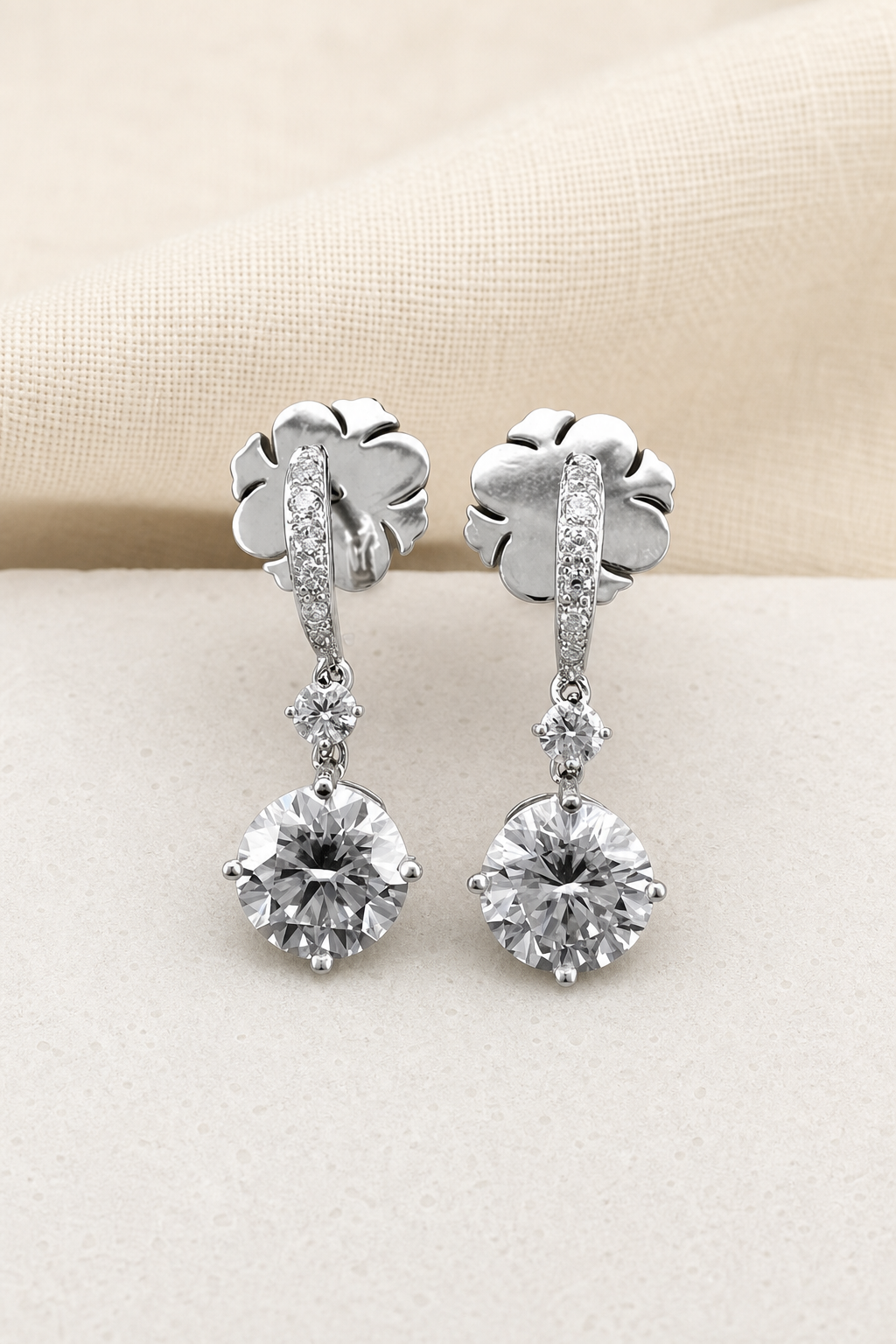 Impimo 4.3 CT Moissanite Drop Earrings - 925 Sterling Silver 18K White Gold | display view on ivory linen