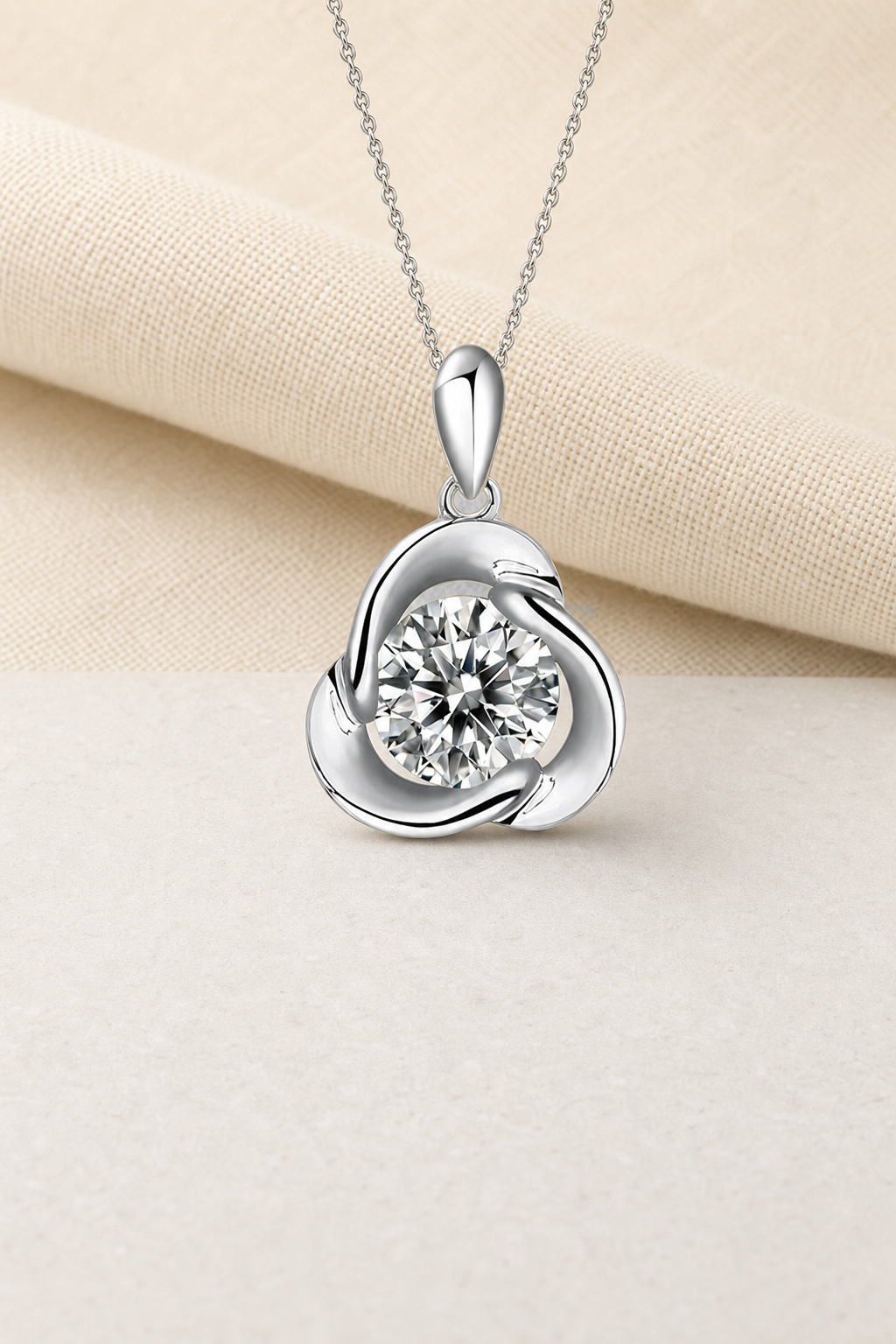 Impimo 1 CT Moissanite Round Cut Pendant - 925 Sterling Silver with 18K White Gold Plating | display view on ivory linen