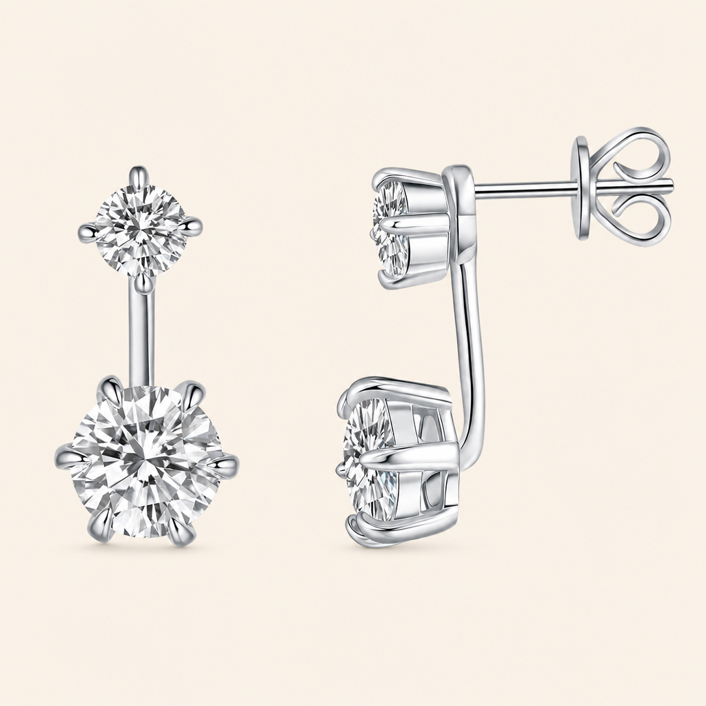 Impimo 2.6 CT (Pair) Moissanite Round Cut Earrings - Two-Stone Drop - 925 Sterling Silver with 18K White Gold Plating | packshot on ivory