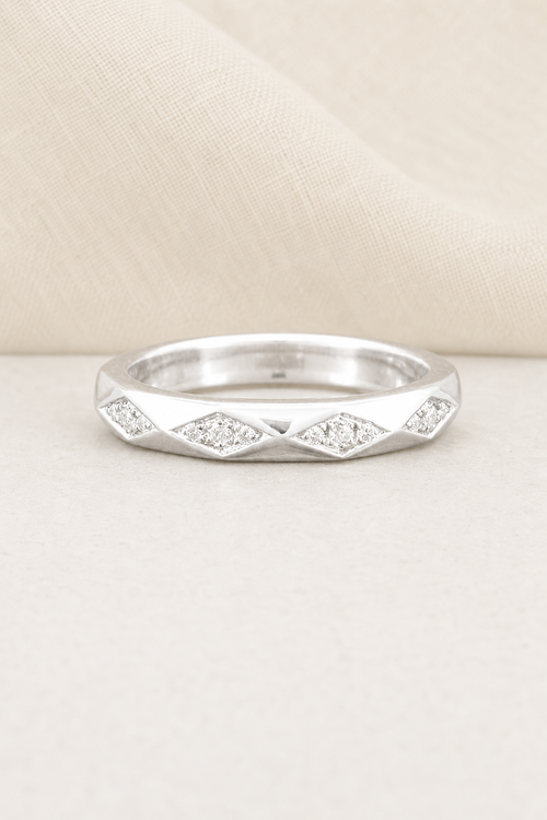 Impimo 0.35 CT Moissanite Round Eternity Ring - 925 Sterling Silver 18K White Gold | display view on ivory linen