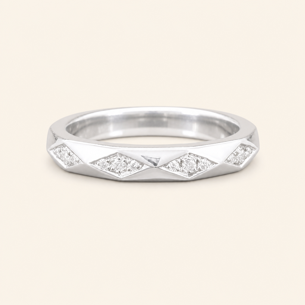 Impimo 0.35 CT Moissanite Round Eternity Ring - 925 Sterling Silver 18K White Gold | packshot on ivory