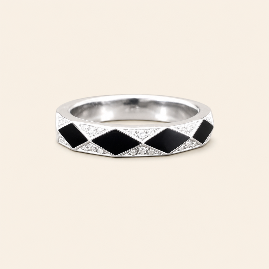 Impimo Moissanite & Black Onyx Geometric Ring - 925 Sterling Silver 18K White Gold | packshot on ivory