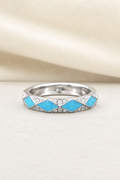 Impimo Moissanite & Natural Turquoise Geometric Ring - 925 Sterling Silver 18K White Gold | display view on ivory linen