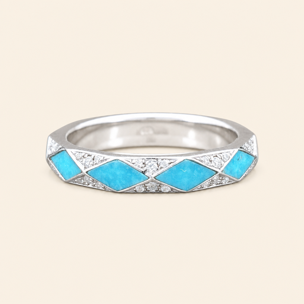 Impimo Moissanite & Natural Turquoise Geometric Ring - 925 Sterling Silver 18K White Gold | packshot on ivory