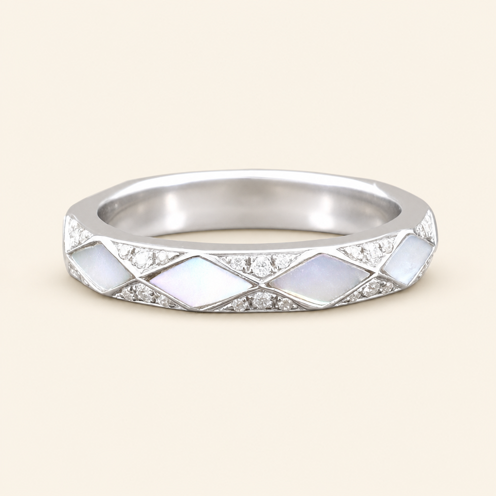 Impimo Moissanite & Mother-of-Pearl Geometric Ring - 925 Sterling Silver 18K White Gold | packshot on ivory