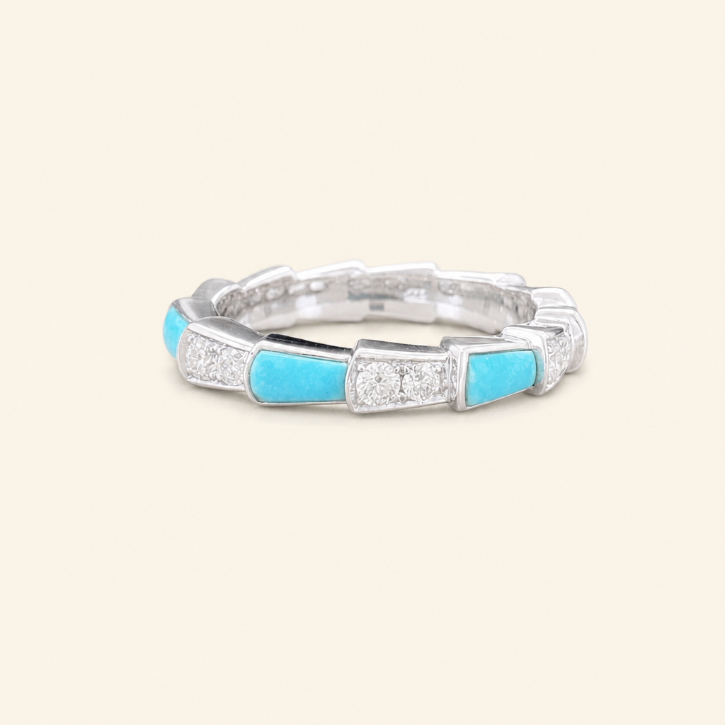 Impimo 0.35 CT Moissanite & Turquoise Geometric Ring - 925 Sterling Silver 18K White Gold | packshot on ivory