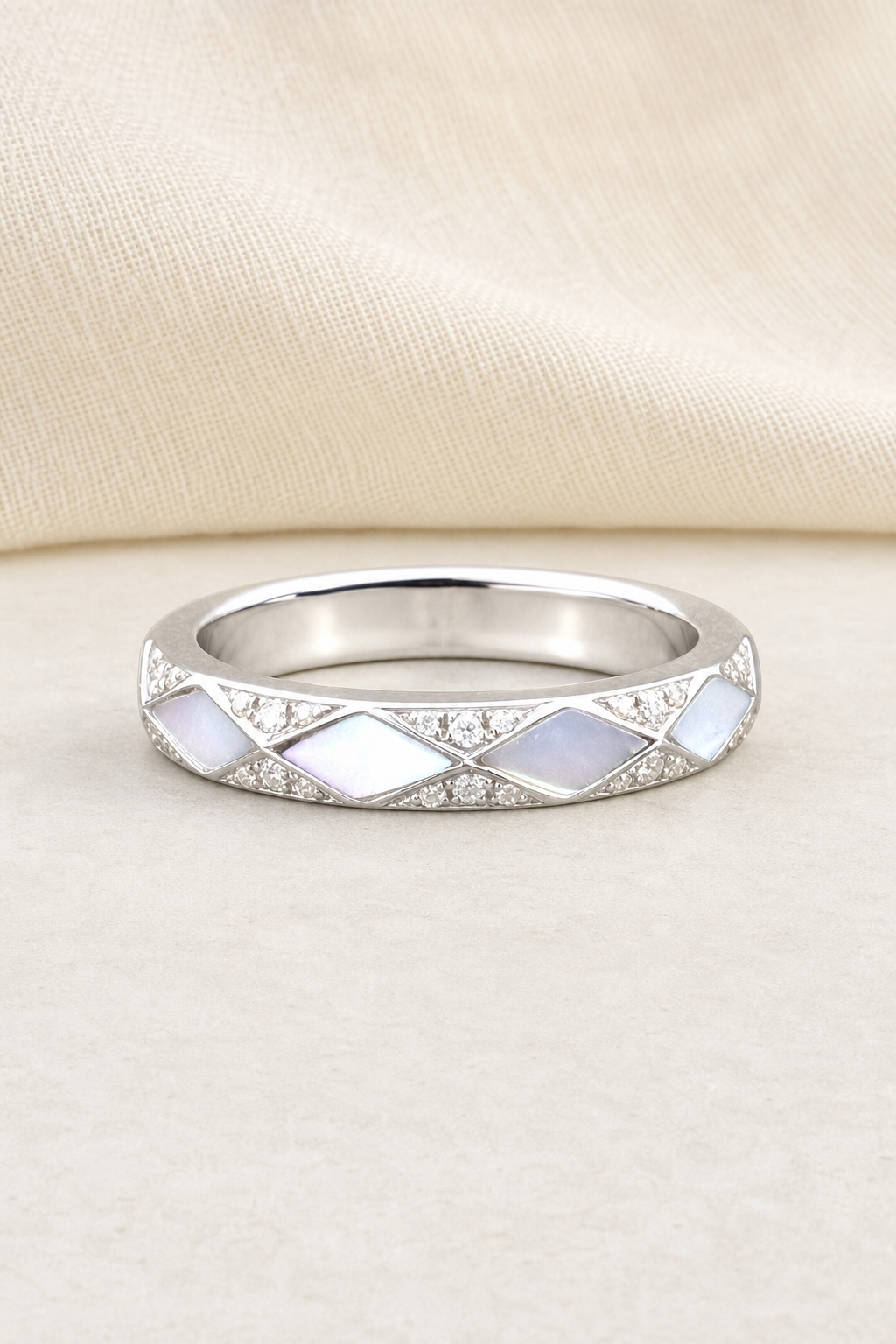 Impimo Moissanite & Mother-of-Pearl Geometric Ring - 925 Sterling Silver 18K White Gold | display view on ivory linen