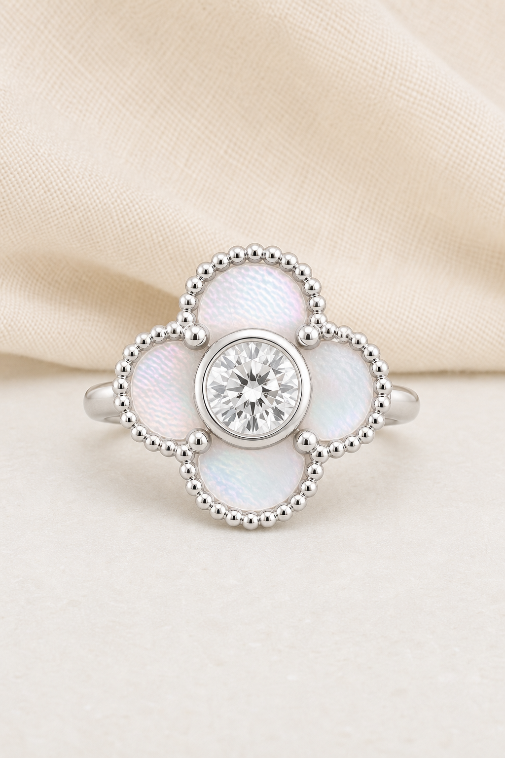 Impimo 0.50 CT Moissanite Floral Ring with Natural Mother-of-Pearl - 925 Sterling Silver 18K White Gold | display view on ivory linen