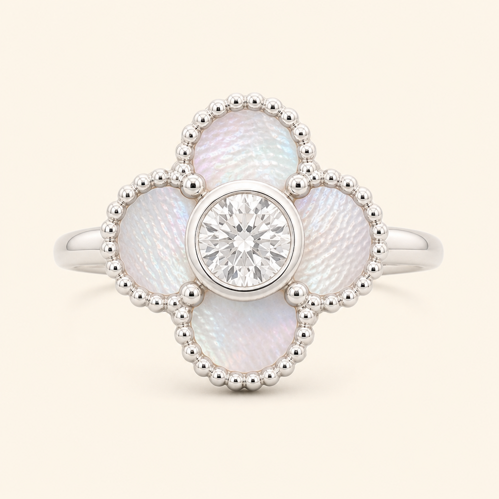 Impimo 0.50 CT Moissanite Floral Ring with Natural Mother-of-Pearl - 925 Sterling Silver 18K White Gold | packshot on ivory