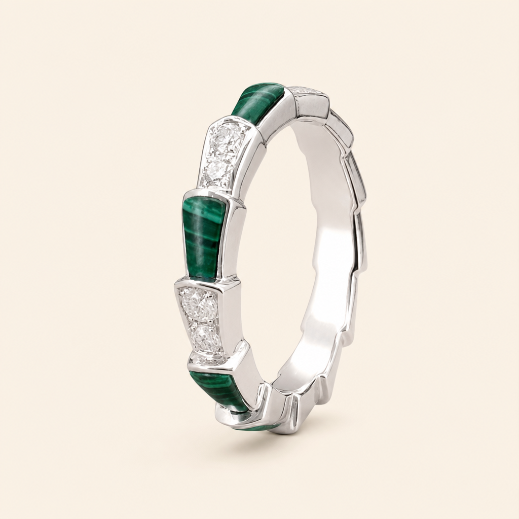 Impimo 0.35 CT Moissanite & Malachite Geometric Ring - 925 Sterling Silver 18K White Gold | packshot on ivory