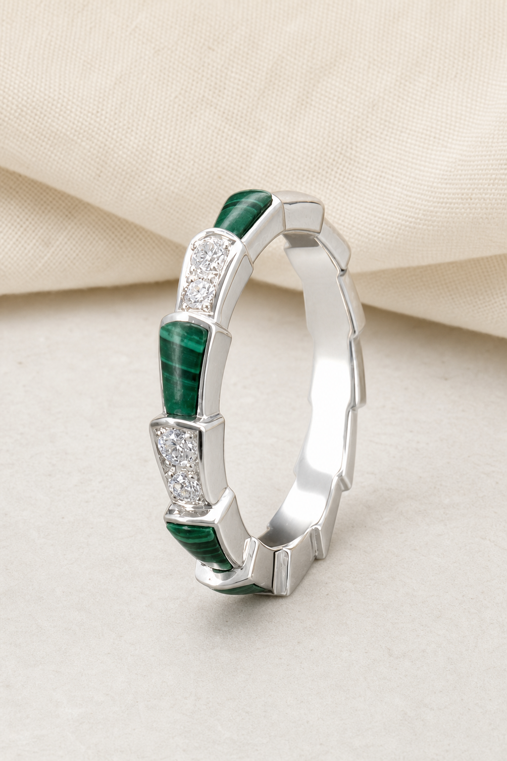 Impimo 0.35 CT Moissanite & Malachite Geometric Ring - 925 Sterling Silver 18K White Gold | display view on ivory linen