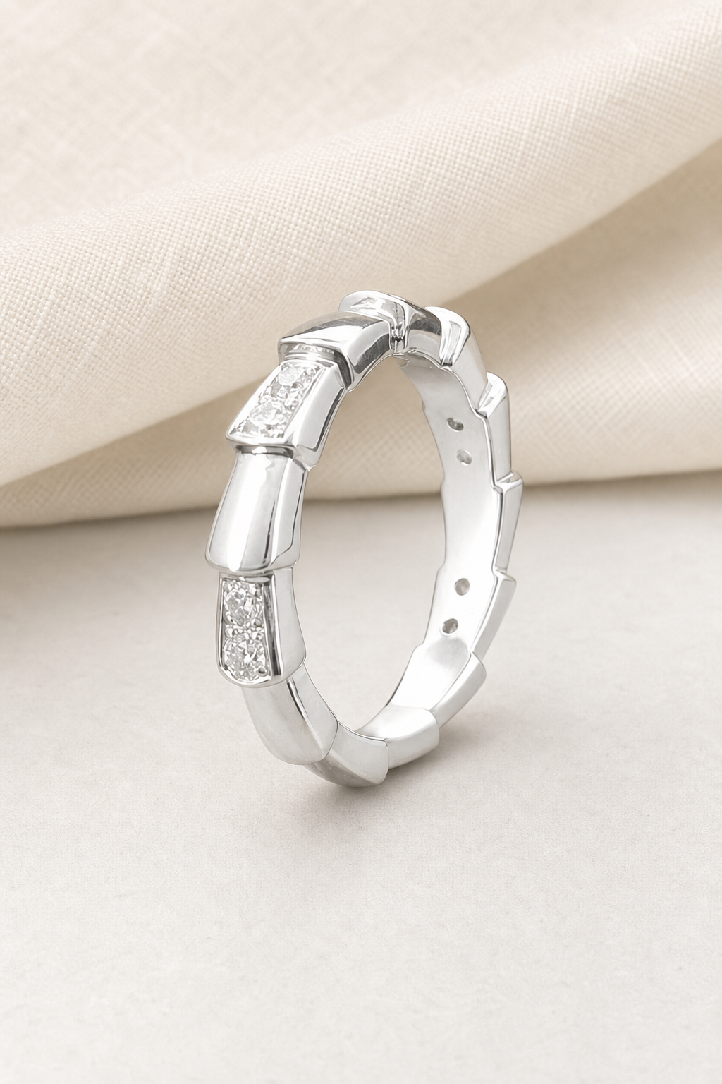 Impimo 0.35 CT Moissanite Geometric Eternity Ring - 925 Sterling Silver 18K White Gold | display view on ivory linen