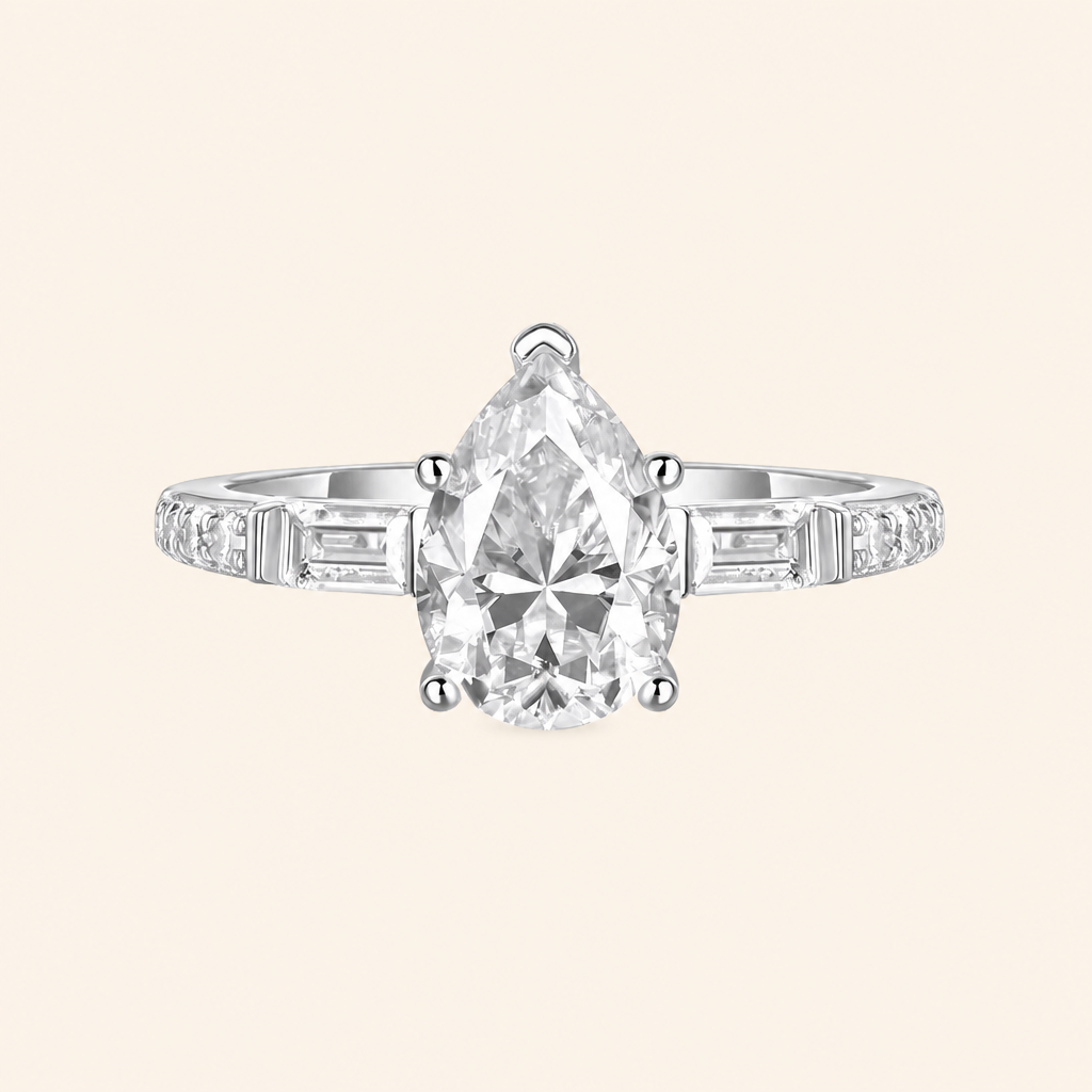 Impimo Moissanite 1.5 CT Pear Cut Ring - 925 Sterling Silver with 18K White Gold Plating | packshot on ivory