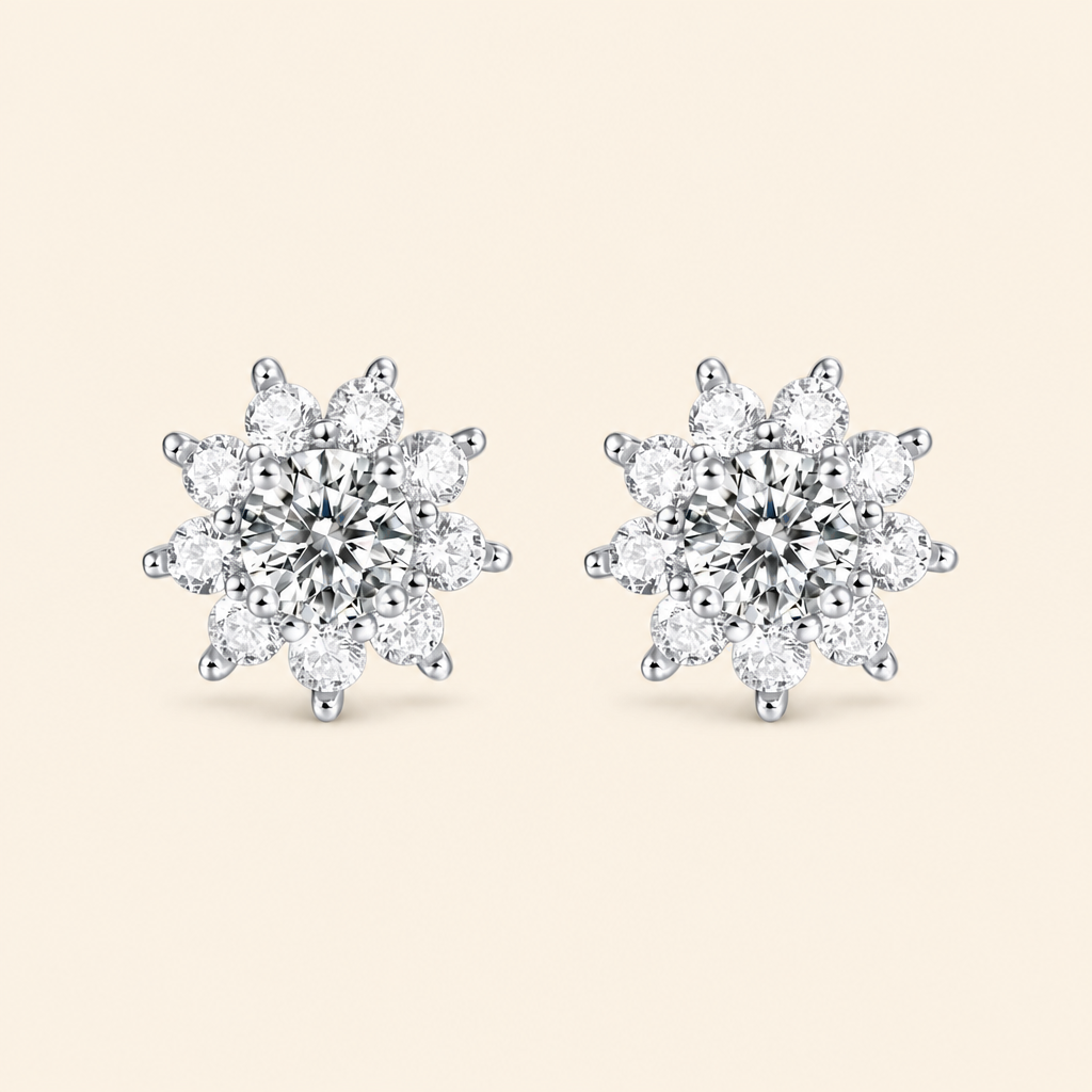 Impimo 1/2 CT (Total) Moissanite Round Cut Earrings - 925 Sterling Silver with 18K White Gold Plating | packshot on ivory