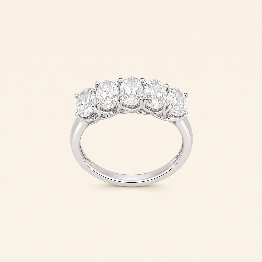 Impimo 2.5 CT (Total) Moissanite Oval Cut Ring - 925 Sterling Silver with 18K White Gold Plating | packshot on ivory