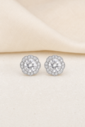 Impimo 2.3 CT (Total) Moissanite Round Cut Earrings - 925 Sterling Silver with 18K White Gold Plating | display view on ivory linen