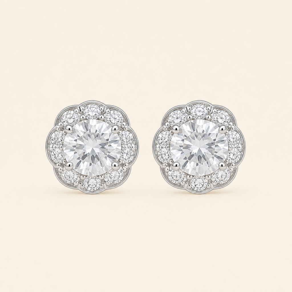 Impimo 2.3 CT (Total) Moissanite Round Cut Earrings - 925 Sterling Silver with 18K White Gold Plating | packshot on ivory