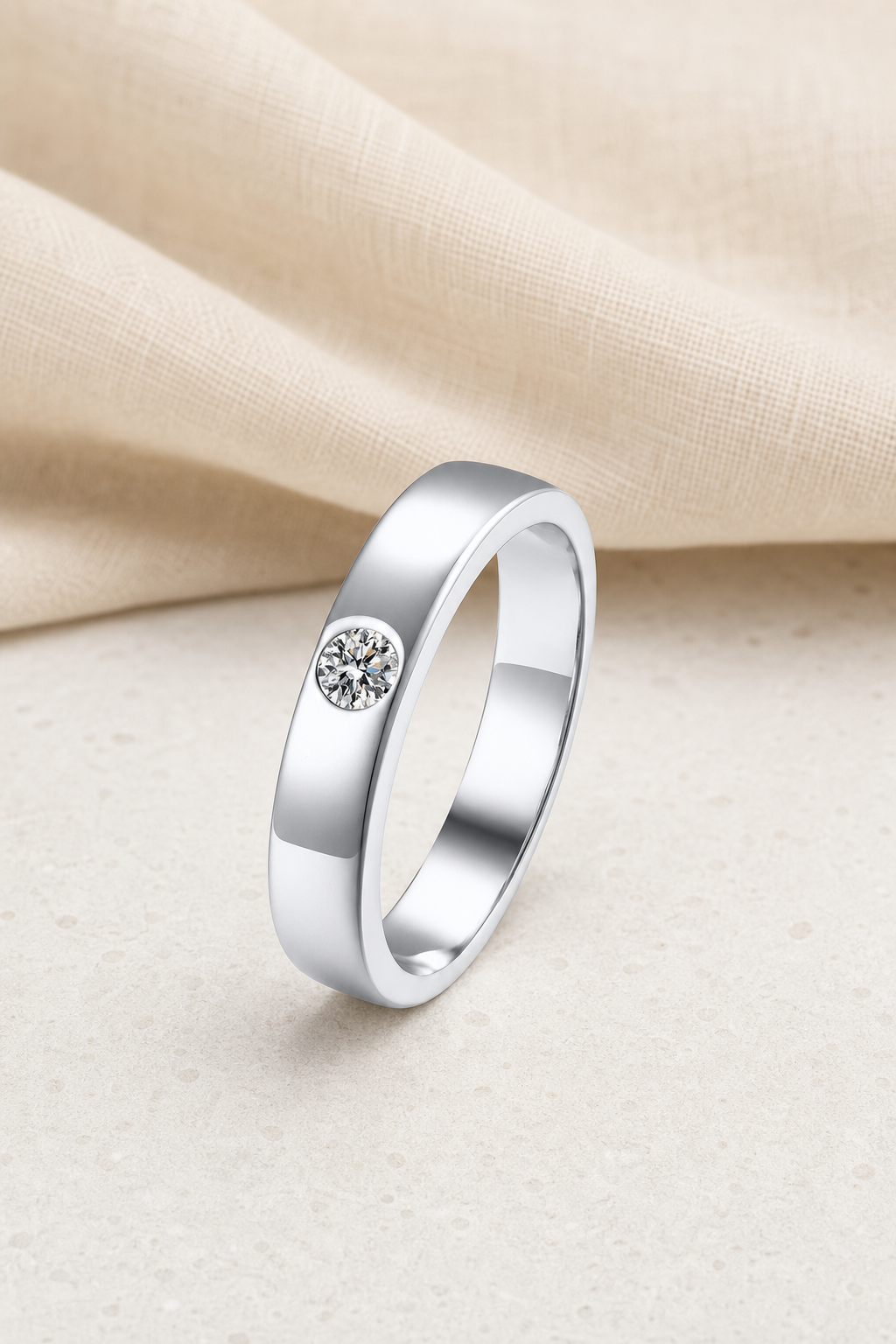 Impimo 0.3 CT Moissanite Round Cut Ring - 925 Sterling Silver with 18K White Gold Plating | display view on ivory linen