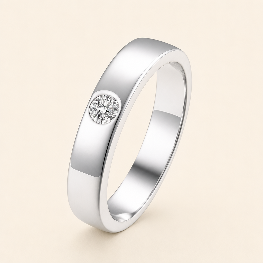 Impimo 0.3 CT Moissanite Round Cut Ring - 925 Sterling Silver with 18K White Gold Plating | packshot on ivory