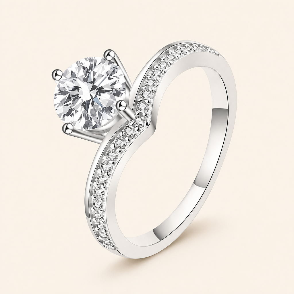 Impimo 0.5/1/2/3/5 CT Moissanite Round Cut Ring - 925 Sterling Silver with 18K White Gold Plating | packshot on ivory