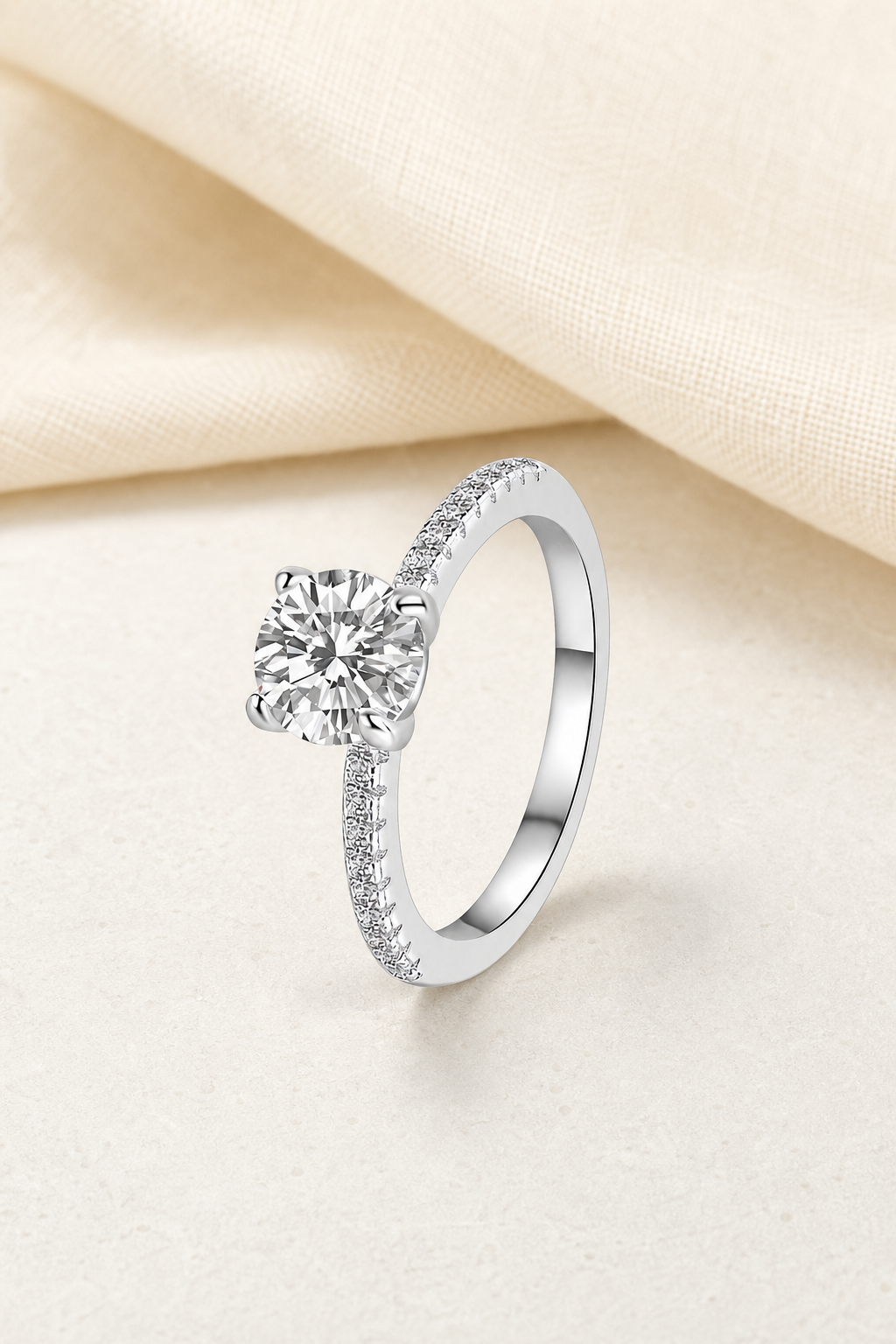Impimo 0.5/1/2/3/5 CT Moissanite Round Cut Ring - 925 Sterling Silver with 18K White Gold Plating | display view on ivory linen