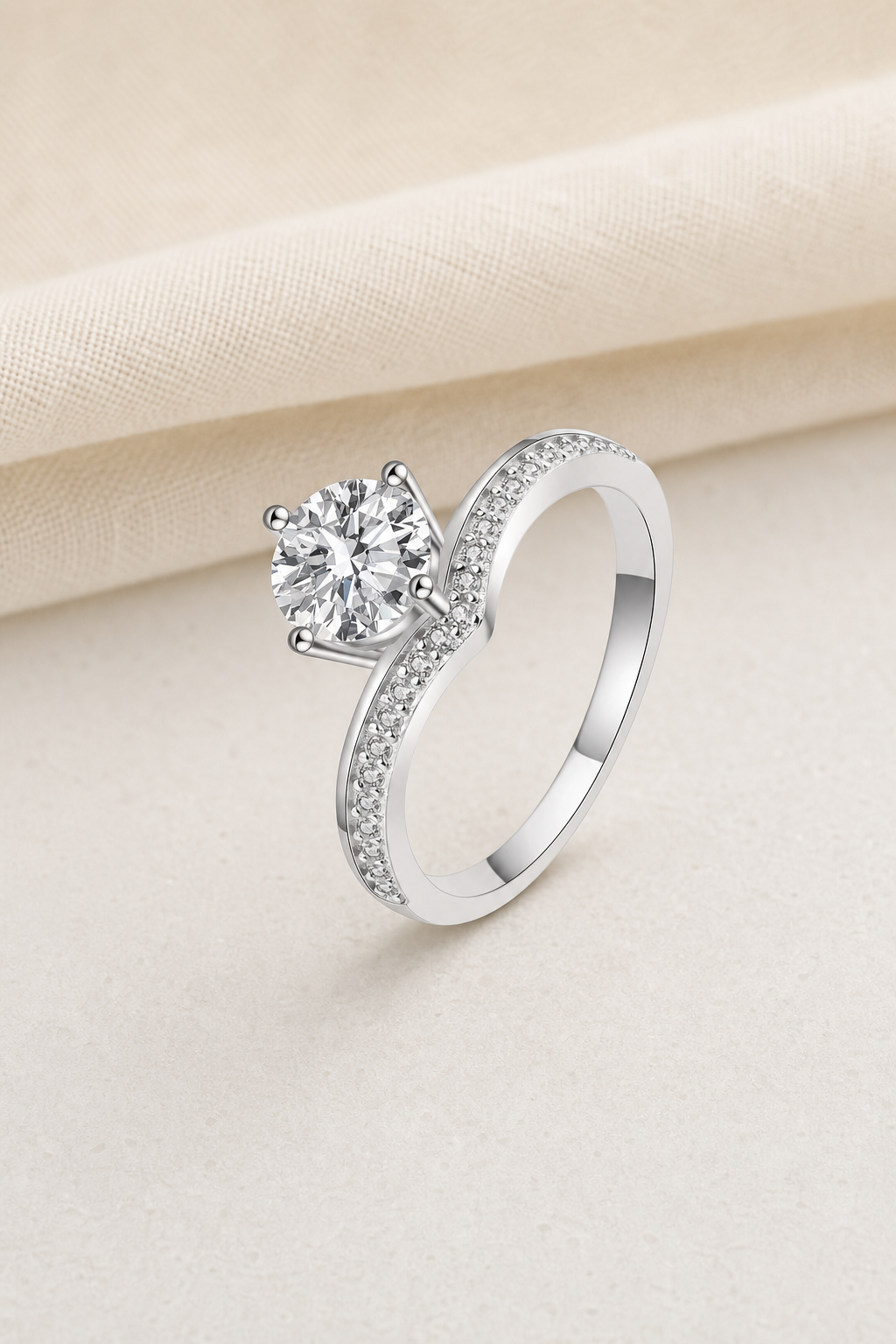 Impimo 0.5/1/2/3/5 CT Moissanite Round Cut Ring - 925 Sterling Silver with 18K White Gold Plating | display view on ivory linen