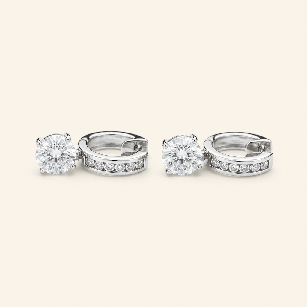Impimo 4.5 CT (Pair) Moissanite Round Cut Earrings - Pavé Huggie Hoop with Drop - 925 Sterling Silver with 18K White Gold Plating | packshot on ivory
