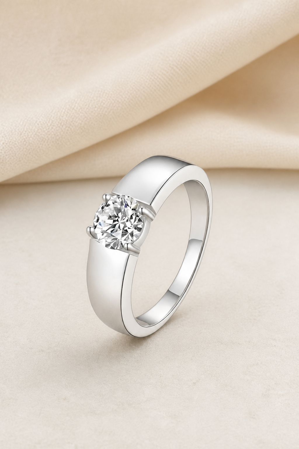 Impimo 0.5/1/2 CT Moissanite Round Cut Ring - 925 Sterling Silver with 18K White Gold Plating | display view on ivory linen