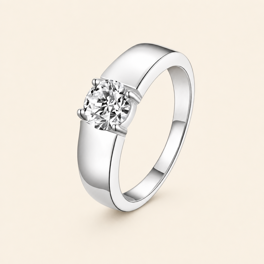 Impimo 0.5/1/2 CT Moissanite Round Cut Ring - 925 Sterling Silver with 18K White Gold Plating | packshot on ivory