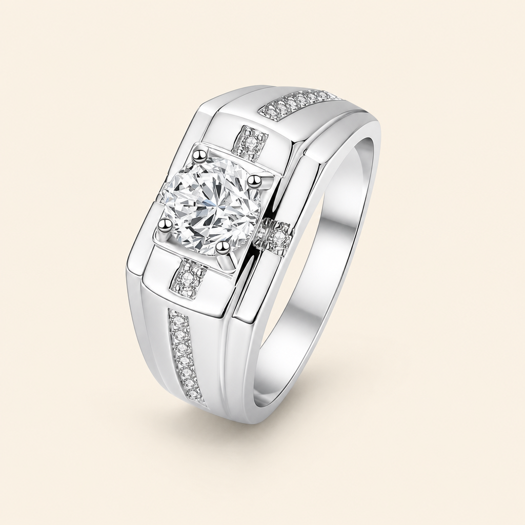 Impimo 1/2 CT Moissanite Round Cut Ring - Cross Accent Band - 925 Sterling Silver with 18K White Gold Plating | packshot on ivory