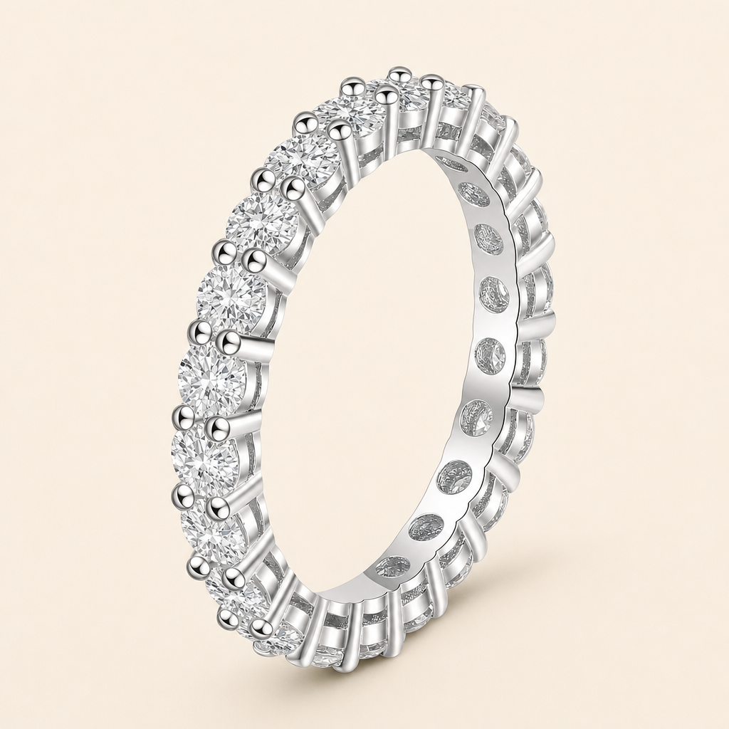 Impimo 2.2 CT (Total) Moissanite Round Cut Eternity Ring - 925 Sterling Silver with 18K White Gold Plating | packshot on ivory
