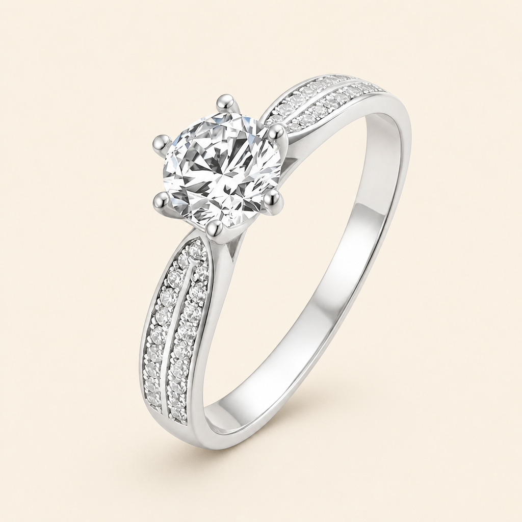 Impimo 0.5/1/2/3/5 CT Moissanite Round Cut Ring - 925 Sterling Silver with 18K White Gold Plating | packshot on ivory