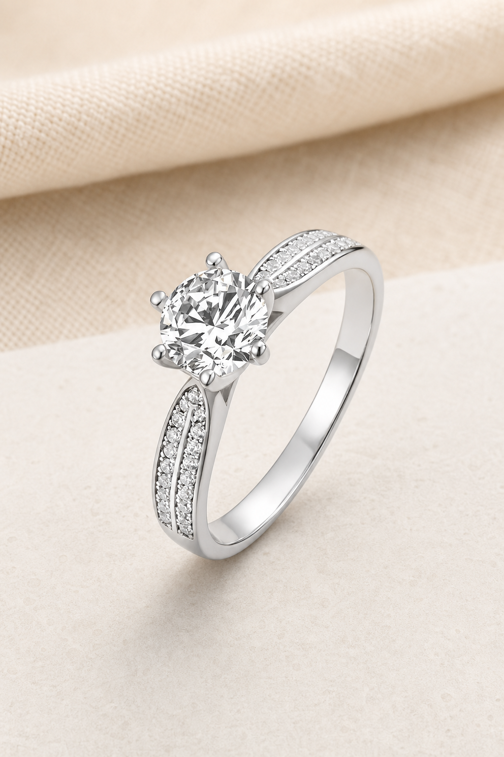Impimo 0.5/1/2/3/5 CT Moissanite Round Cut Ring - 925 Sterling Silver with 18K White Gold Plating | display view on ivory linen