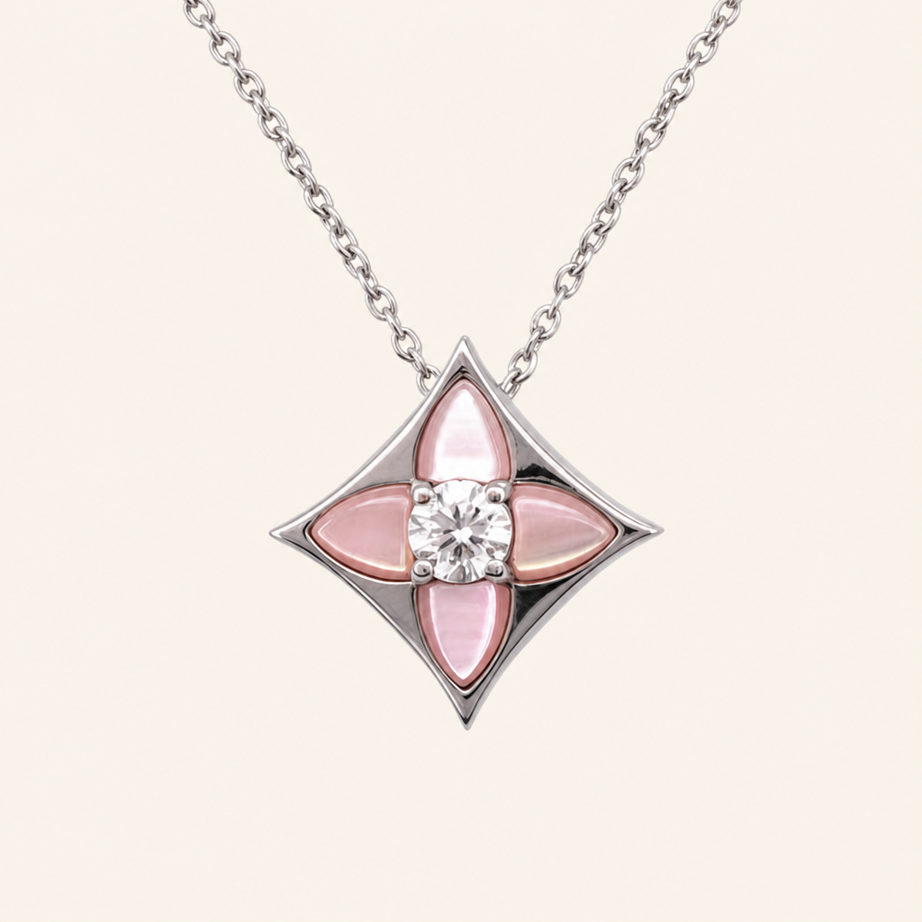 Impimo Natural Pink Mother of Pearl & Moissanite Pendant - Four-Point Star - 925 Sterling Silver with 18K White Gold Plating | packshot on ivory