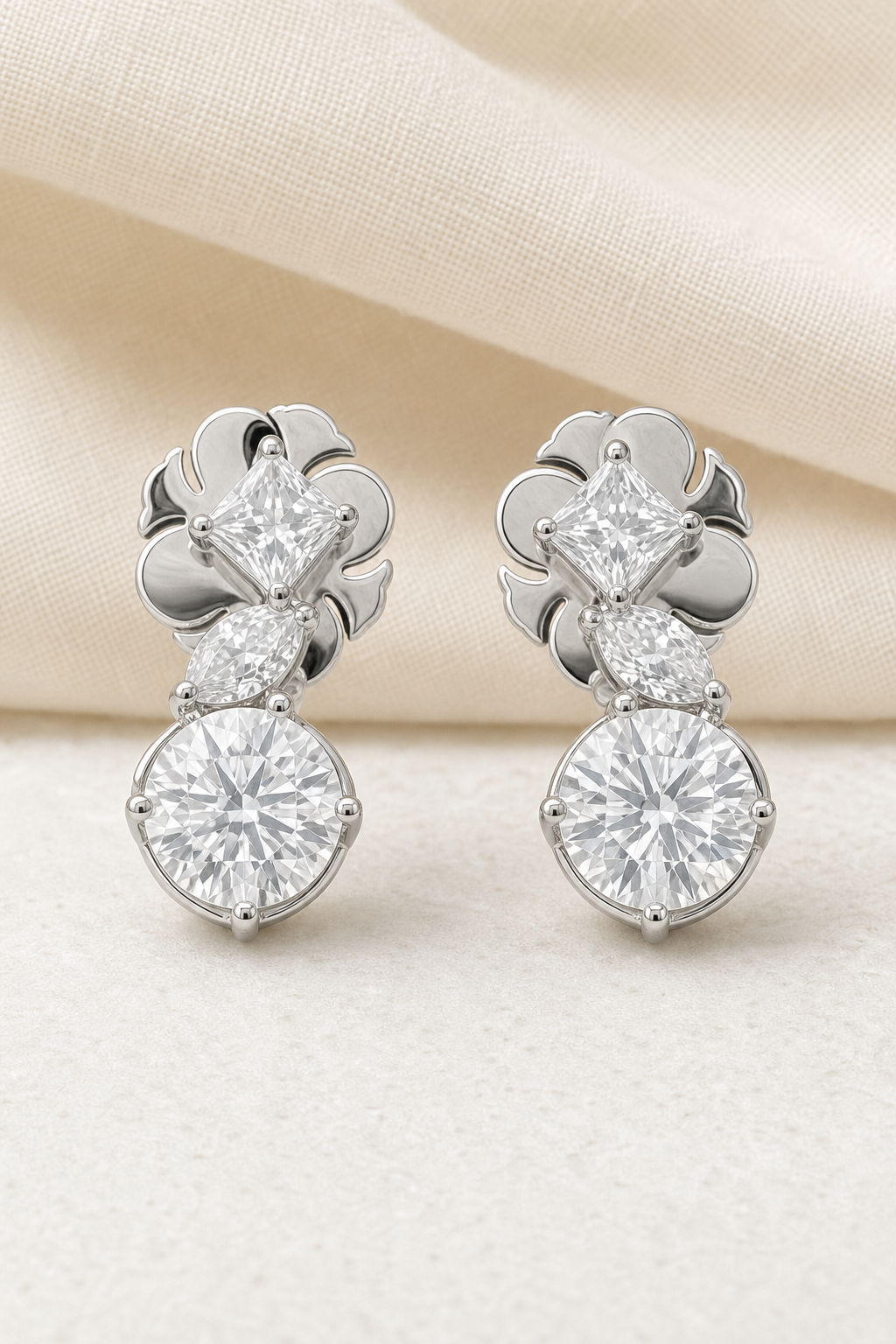 Impimo 5.3 CT Moissanite Drop Earrings - 925 Sterling Silver 18K White Gold | display view on ivory linen