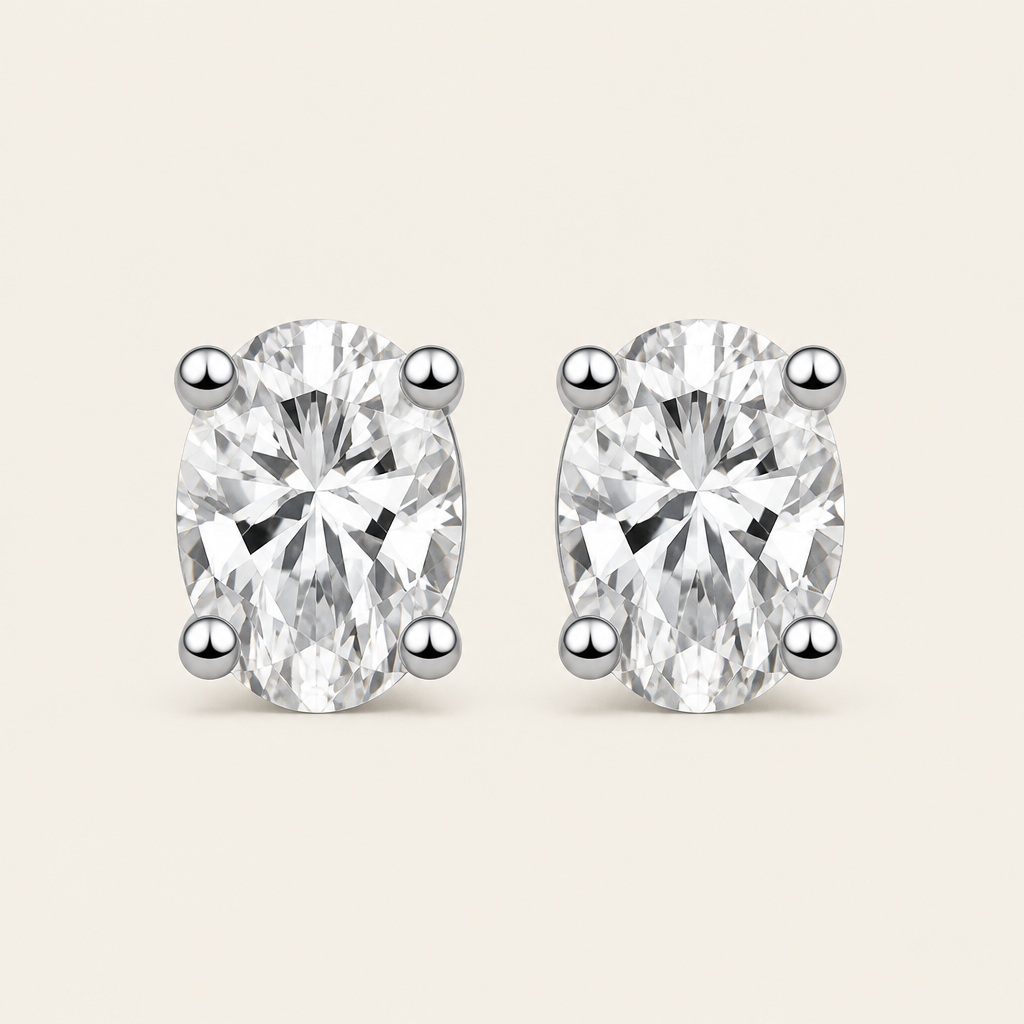 Impimo 1/2/4 CT Moissanite Oval Cut Earrings - 925 Sterling Silver with 18K White Gold Plating | packshot on ivory