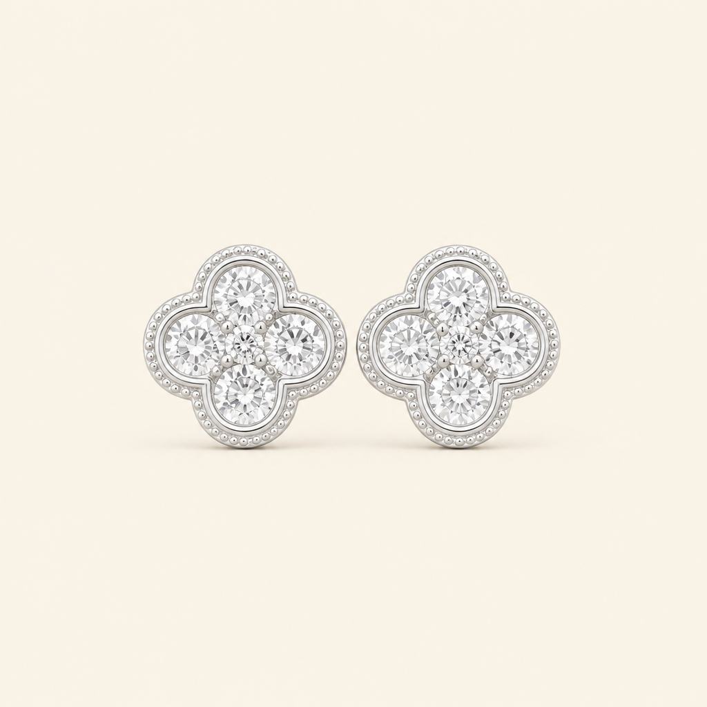 Impimo 1.9 CT (Pair) Moissanite Round Cut Earrings - 925 Sterling Silver with 18K White Gold Plating | packshot on ivory